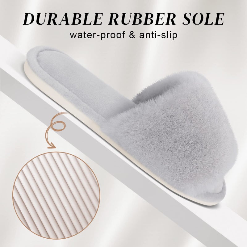 Parlovable Women's Faux Fur Slippers Fuzzy Flat Spa Fluffy Open Toe House Shoes Indoor Outdoor Slip on Memory Foam Slide Sandals Grey 9-10 - Image 2